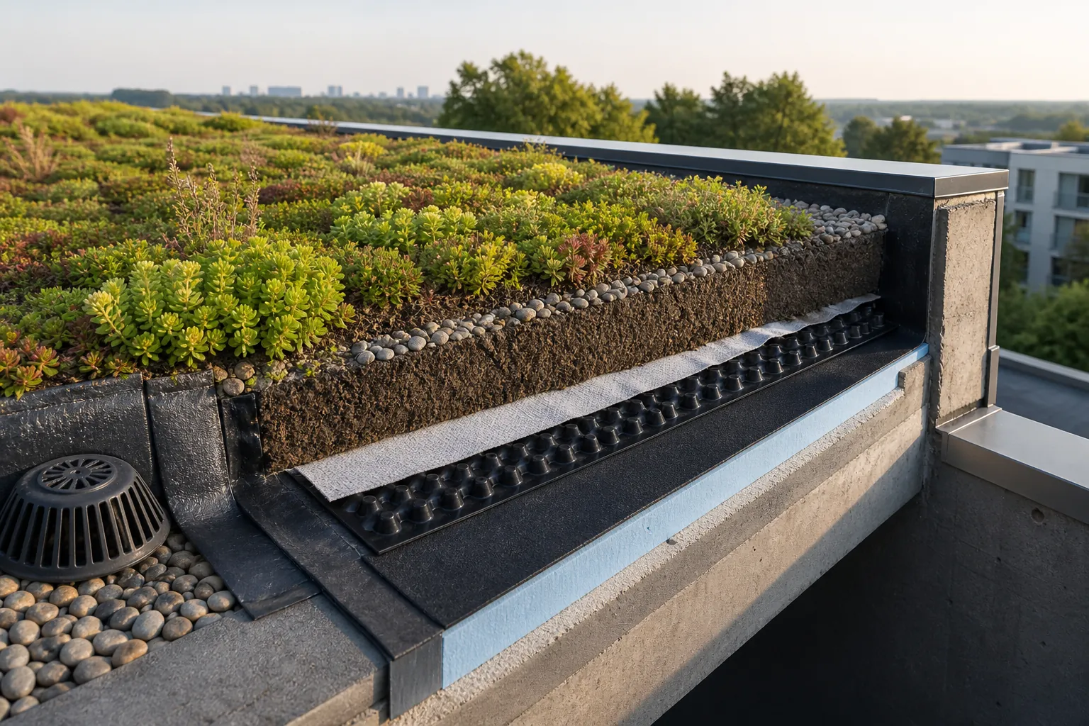 Sistema de techo verde con sus capas de vegetación, drenaje e impermeabilización