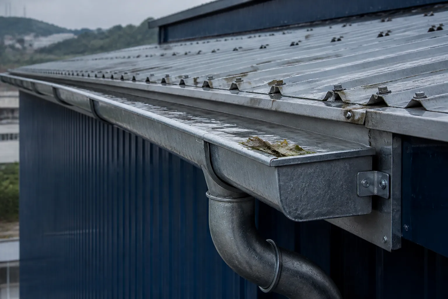 Canaleta y bajada de aguas lluvia en una cubierta industrial