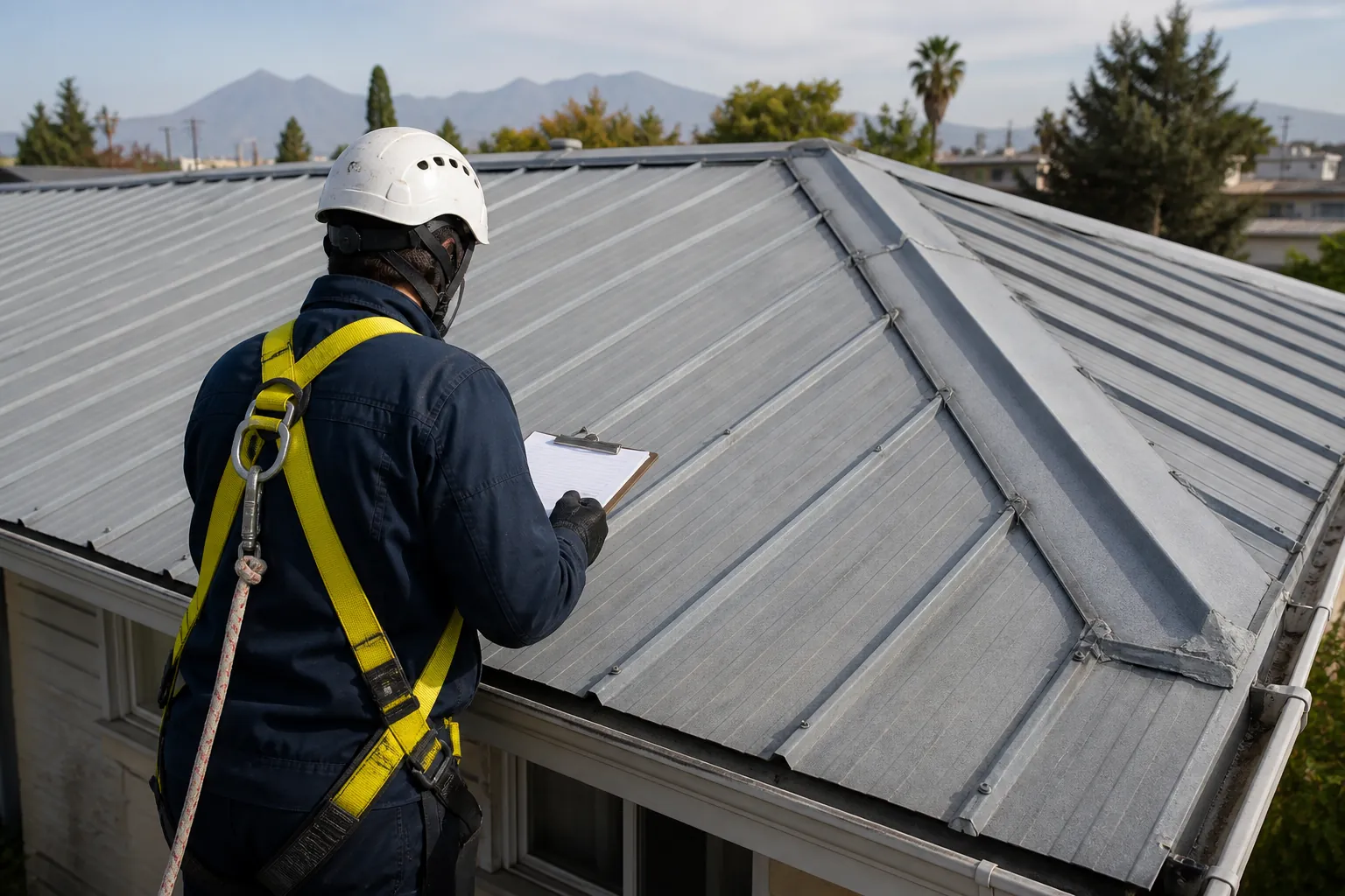 Inspección técnica segura de una techumbre residencial metálica