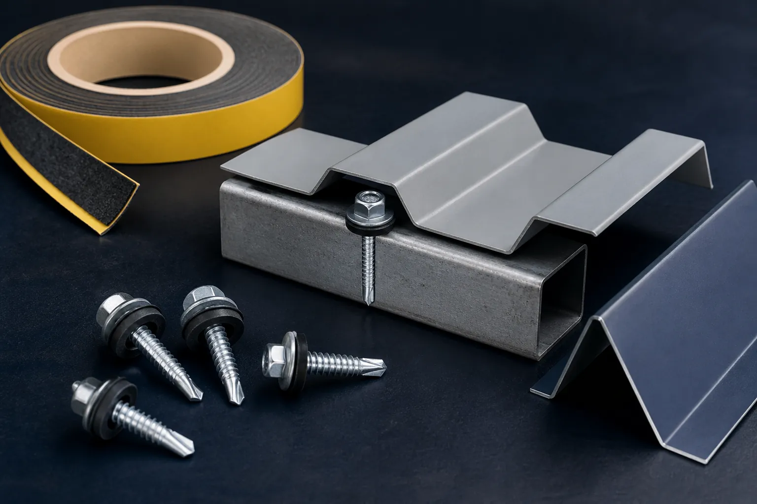 Tornillos con golilla EPDM, cinta butílica y remates de hojalatería
